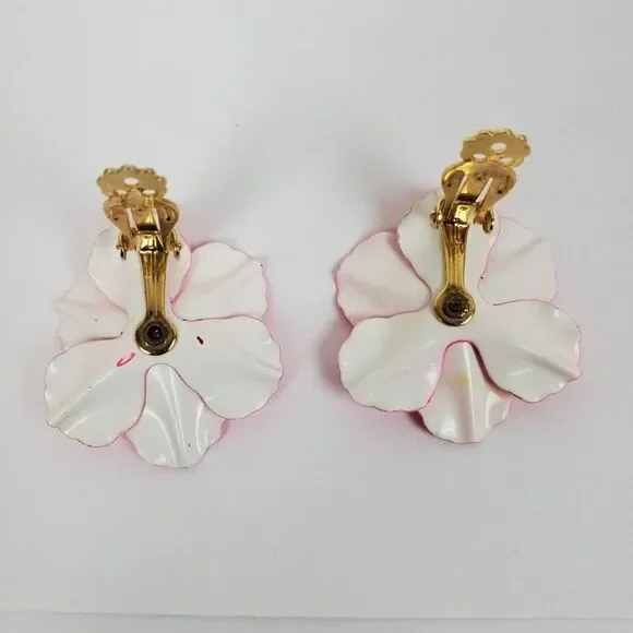 Vtg Neon Pink Black Enamel Flower Floral Chunky Big Clip‎ On Gold Tone Earrings - Picture 4 of 6